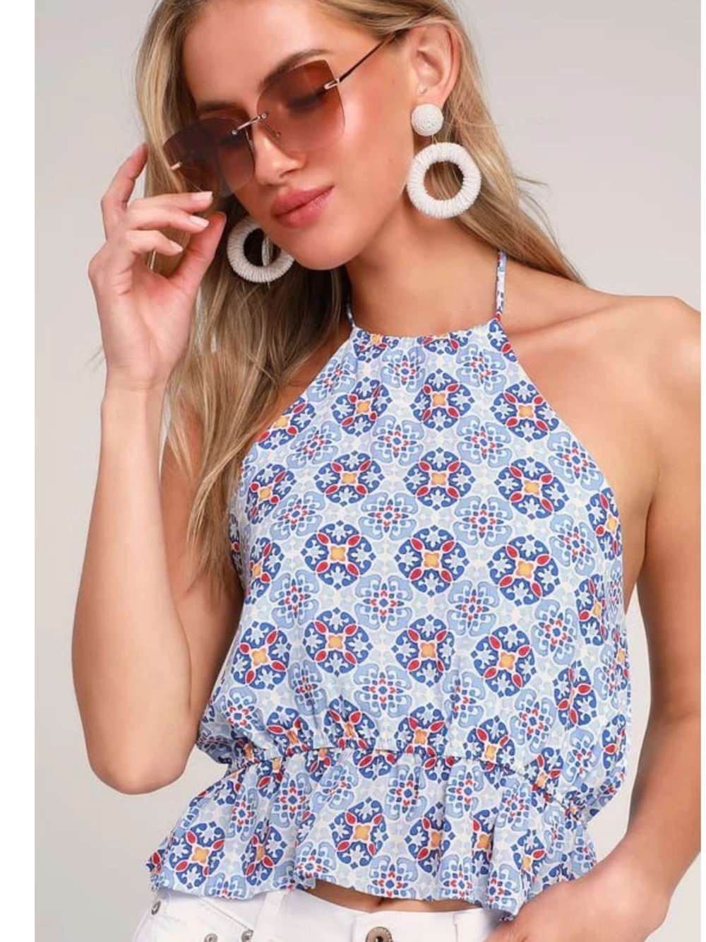 Lulus Women's Blue White Geometric Print Peplum Halter Top Size S NWT